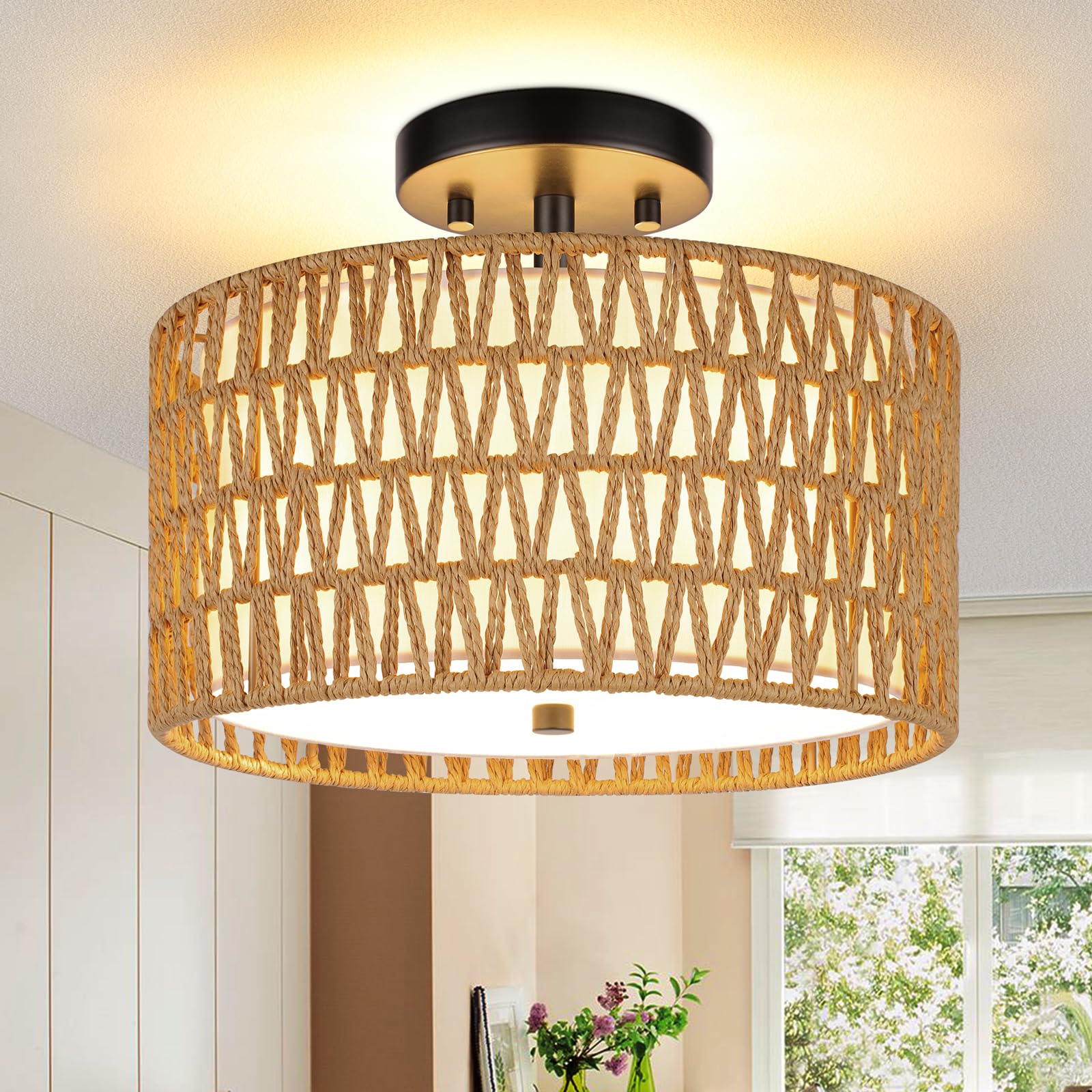 SunRider Semi Flush Mount Ceiling Light Fixture, 3-Light Farmhouse Woven Rattan and Fabric Shade Drum Light, Boho Rattan Lamp for Bedroom Foyer Porch