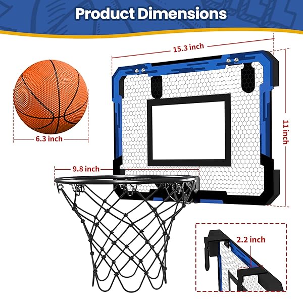 QDRAGON MINI BASKETBALL HOOP, OVER THE DOOR INDOOR, WITH 3 BALLS/INFLATOR/BREAKAWAY RIM, BASKETBALL TOY GIFTS FOR KIDS AND ADULTS, SUIT FOR BEDROOM/OFFICE/OUTDOOR, BLUE HOOP