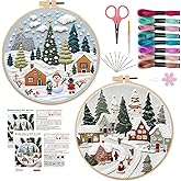 Offizon Christmas Embroidery Kit for Beginners, 2 PCS Starter Cross Stitches, Winter Night Santa Handicrafts, Merry Chistmas