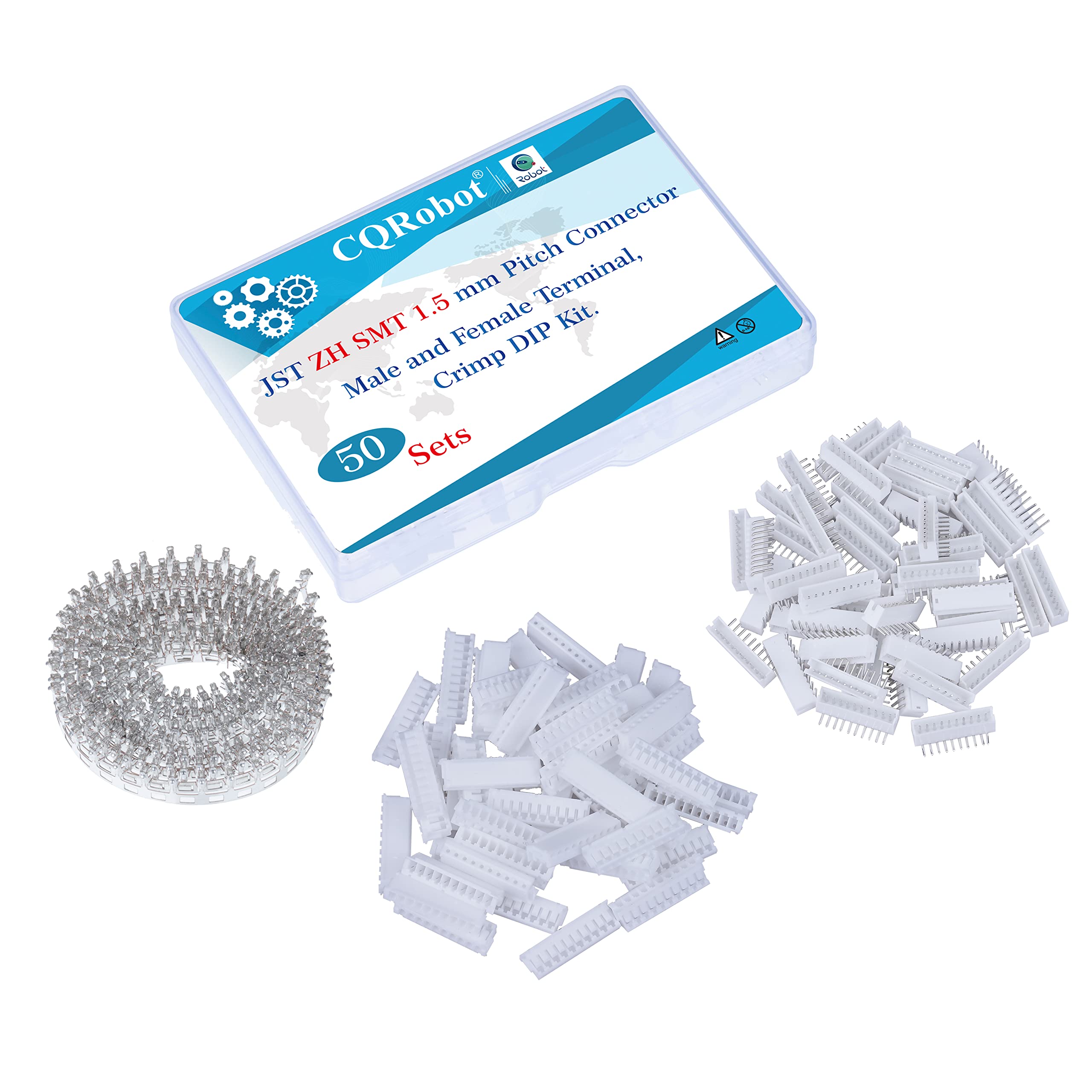 CQRobot JST ZH SMD 1.5 mm Pitch 10-Pin Electronic Computer Connector IC Male Plugs, Female Sockets Housing and T-Shaped Crimp Terminal Kit. 50 Sets/600 Pieces Wire-to-Board Adapter Cable Assembly.