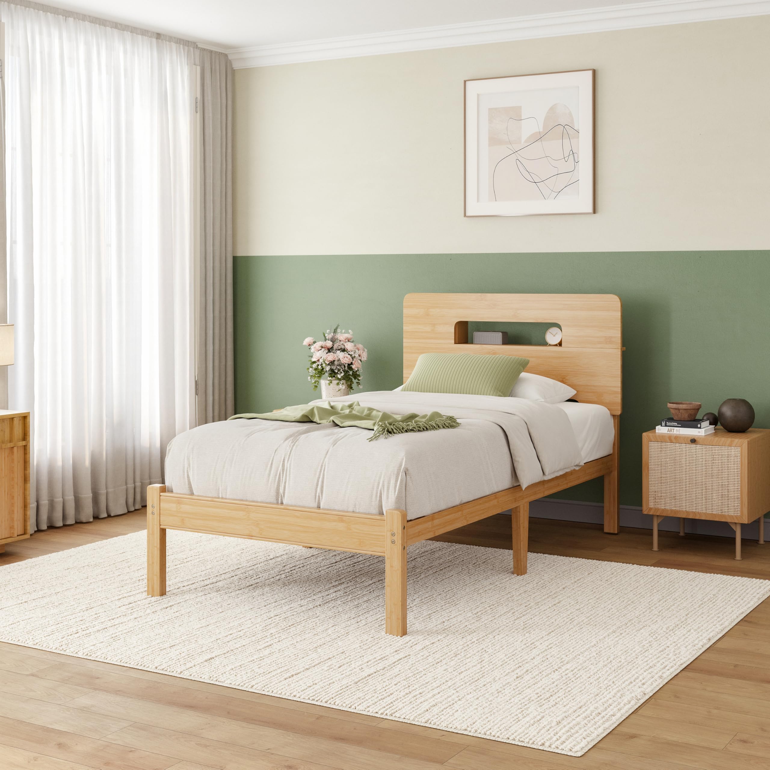 Photo 1 of ZIYOO Solid Bamboo Wood Twin XL Bed Frame with Storage Headboard, 14 inch Platform Twin XL Bed Frames No Box Spring Needed with Steel Slats, Sturdy and Stable, Easy Assembly, Noise Free