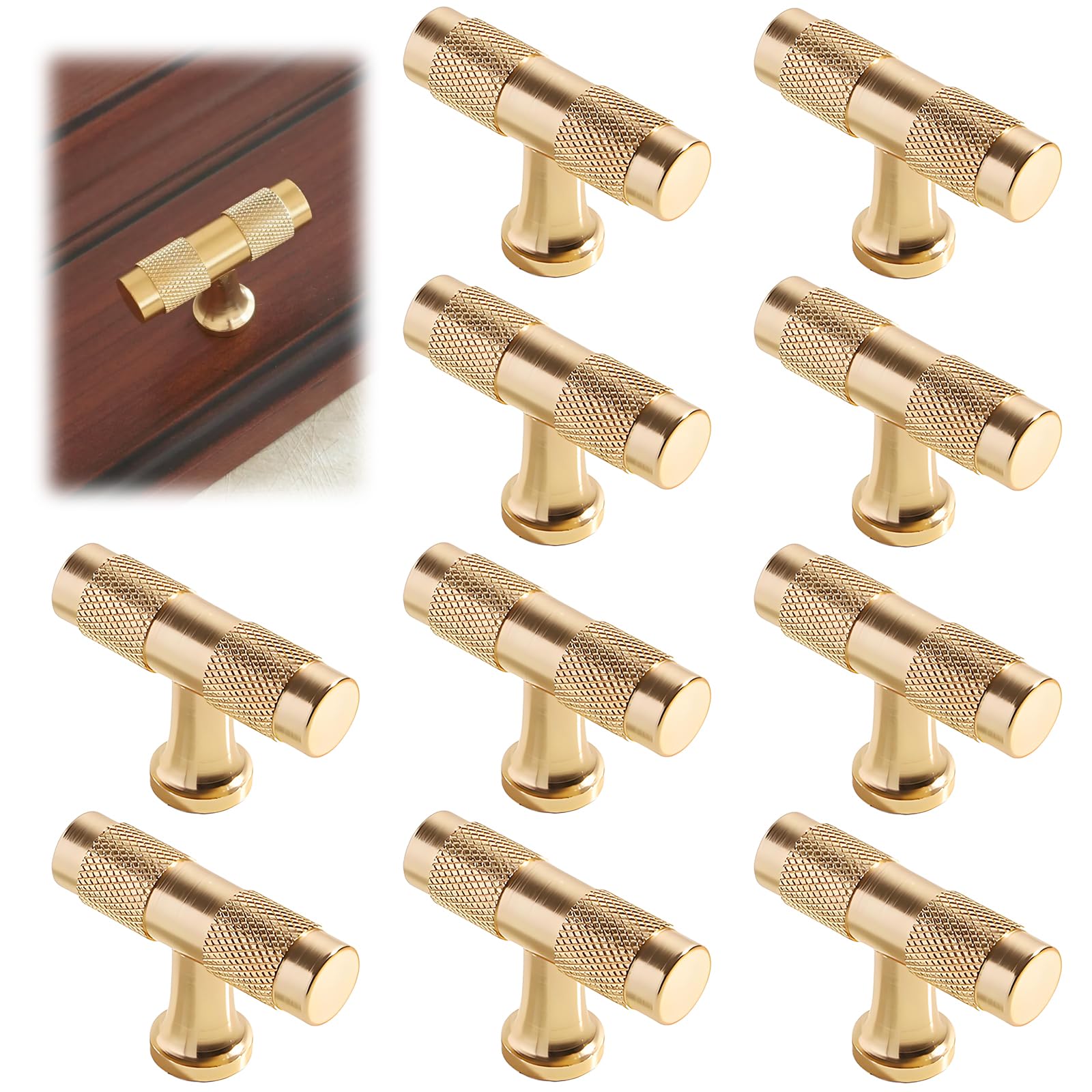 Xiciki 10 Pcs Gold Kitchen Door Knobs, 50mm Length Single Hole Drawer Cabinet Handles, Gold Cupboard Knobs for Kitchen Bathroom Dresser Drawers Wardrobe