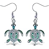 Puzzled Sparkling Green Sea Turtle Earrings - Cute Silver Drop Earrings, Sea Turtle Earrings for Women, Sterling Silver Fish Hook Earrings with Rhinestone Crystals, Elegant Ocean Jewelry Gift