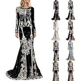 Womens Skeleton Dress Long Sleeve Halloween Costumes 3D Floral Print Dress | 3D Floral Print Dress Gothic Bodycon Mermaid Maxi Velvet Dresses Gown Party Day of The Dead Masquerade Skull Vintage Outfits