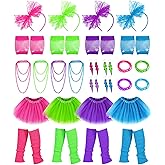 Panitay 28 Pcs 80s Costume Accessories for Women Gloves Necklaces Headbands Bracelets Socks Earrings Skirt for Halloween Cosplay 1980s Theme Retro Party Neon Party Women Girls