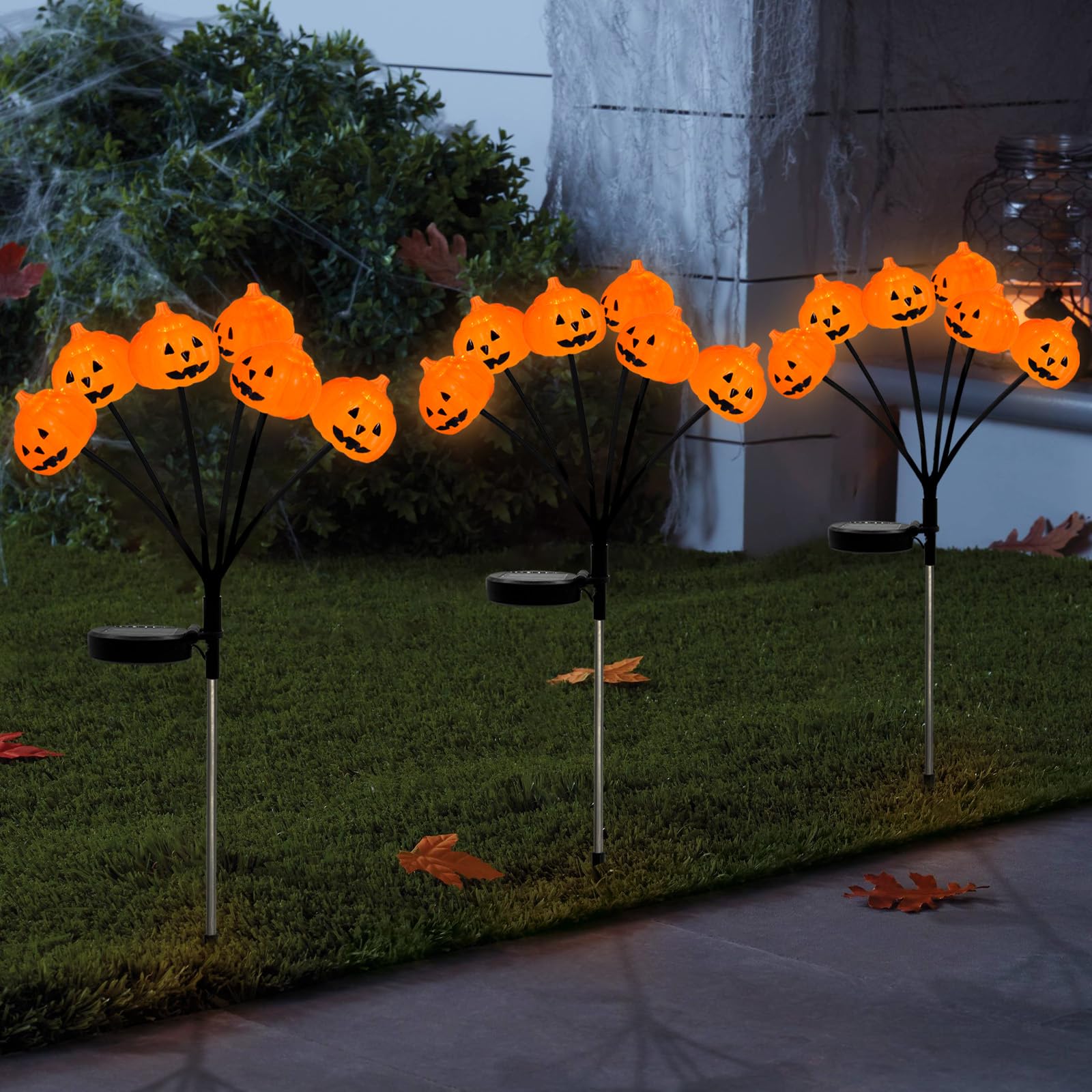 Photo 1 of Solar Halloween Pathway Lights 3 Pack Pumpkin Stake Lights Outdoor 2 Modes Cool White LEDs for Garden Yard Patio