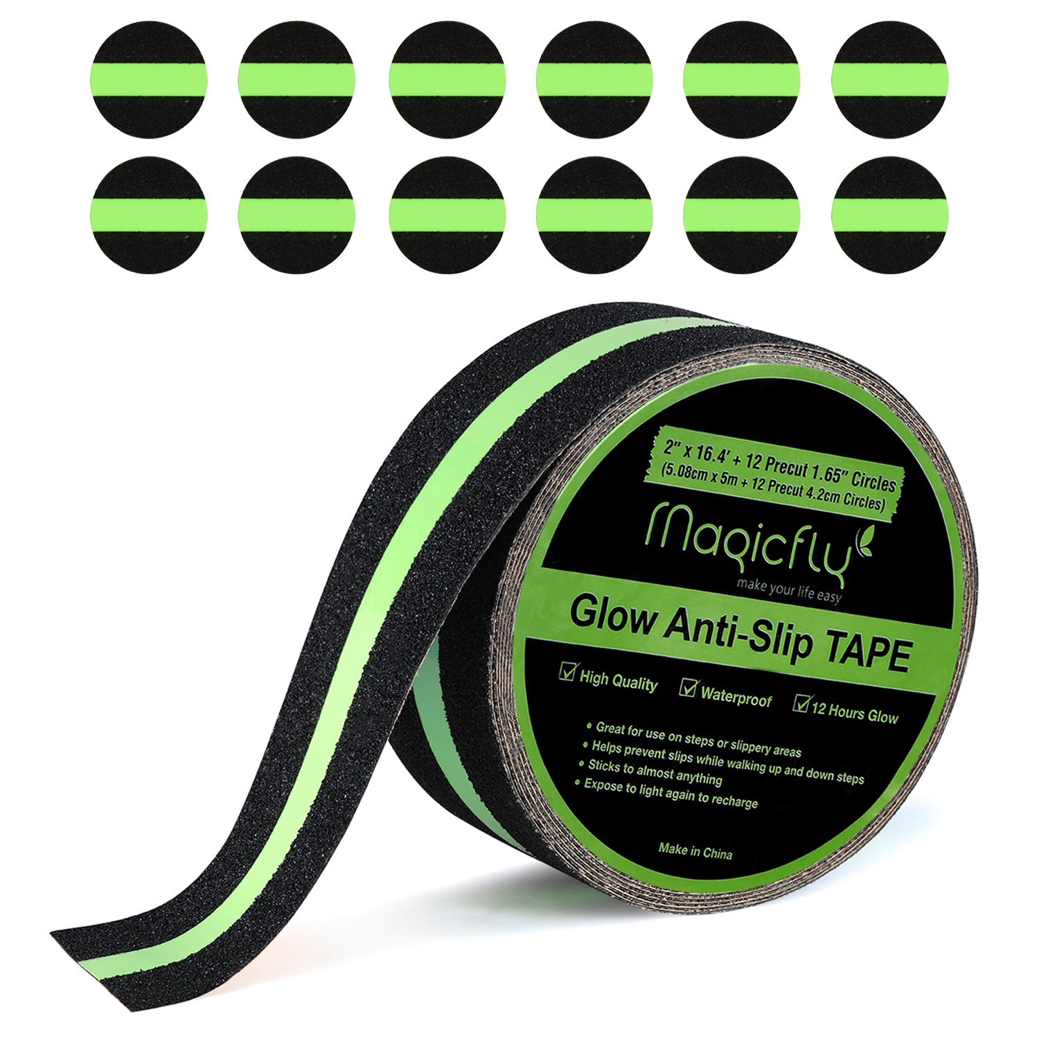 Non-Slip Glow In The Dark Tape, Magicfly Anti Slip Traction Tape with Bonus 12 None Slip Tape Dots for Stairs and Gaffers,Removable, Waterproof (16.4\