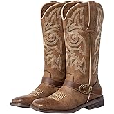 WrangWalker Square Toe Cowgirl Cowboy Boots for Women Western boots with Buckle Strap