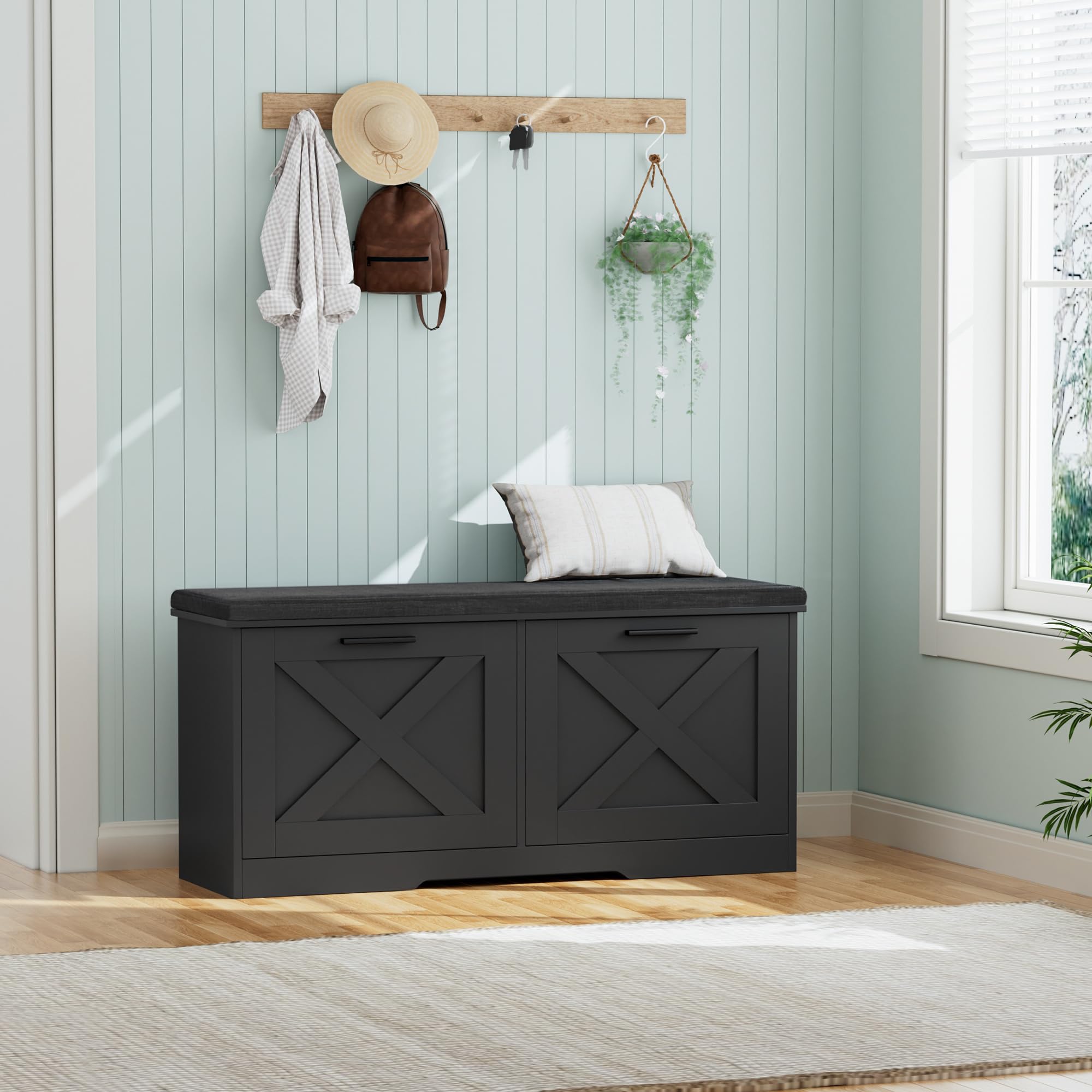 Photo 1 of Homleke Shoe Storage Bench with 2 Flip Drawers, Entryway Bench with Padded Seat Cushion, Shoe Cabinet with 2 Barn Doors, 11.8" D x 39.4" W x 18.4" H, for Entryway, Living Room, Bedroom, Black