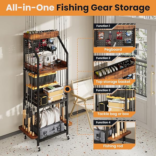 KITIVIALA FISHING ROD HOLDER FOR GARAGE WITH HOOKS & PEGBOARD, 3-TIER FISHING POLE RACK HOLDS 12 RODS, ROLLING FISHING ROD STORAGE ORGANIZER WITH WOODEN TOOL BOX, FISHING TACKLE SHELF FOR ANGLERS