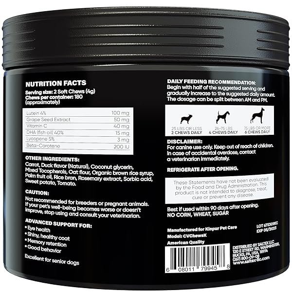 EYE VITAMINS FOR DOG EYE HEALTH & TEAR STAINS – CLEAR VISION SOFT CHEWS FOR DOG EYE CARE & IMMUNE SUPPORT WITH LUTEIN, LYCOPENE, VITAMIN C, CARROT, FISH OIL FOR ALL BREEDS AND AGES – 180CT