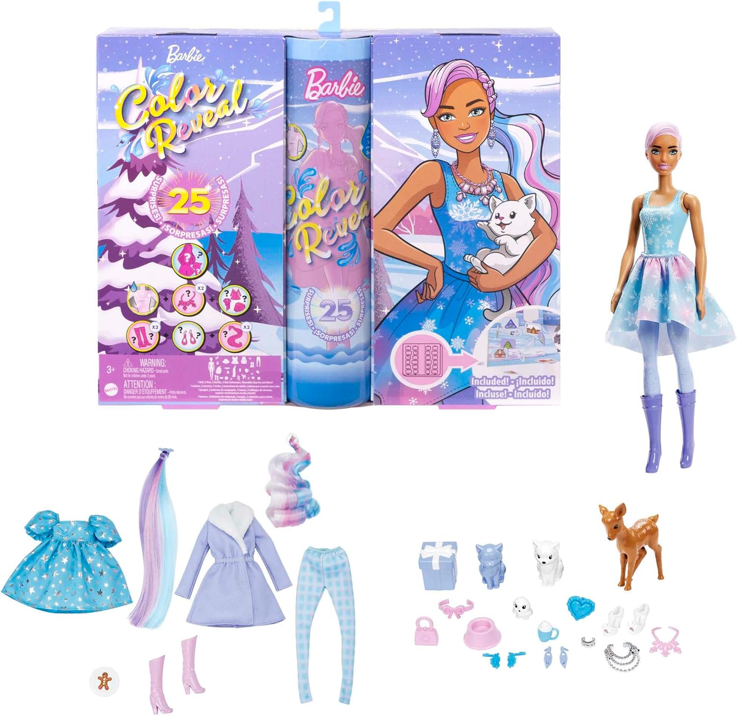 Advent Calendars - ​Barbie Color Reveal Advent Calendar, 1 Color Reveal Doll & 3 Pets, Clothes, Accessories & 2 Hair Extensions, 25 Surprises, Holiday Gifts for Kids
