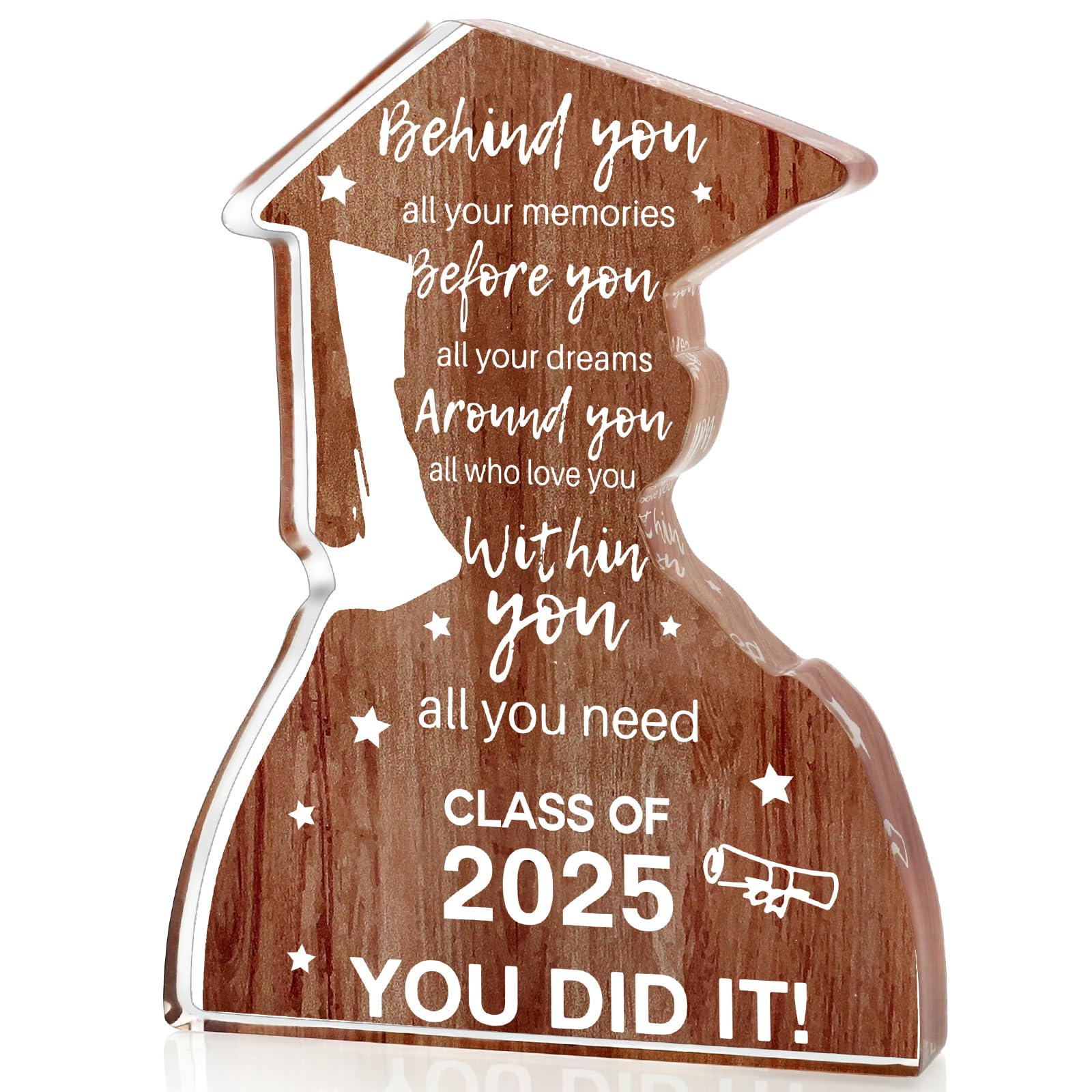 Photo 1 of 2025 Graduation Gifts for Him Class Of 2025 College Graduation Decoration, Inspirational Positive Congratulations Graduation Quote Behind You All Your Memories Card Wood-Like Acrylic Plaque Desk Decor