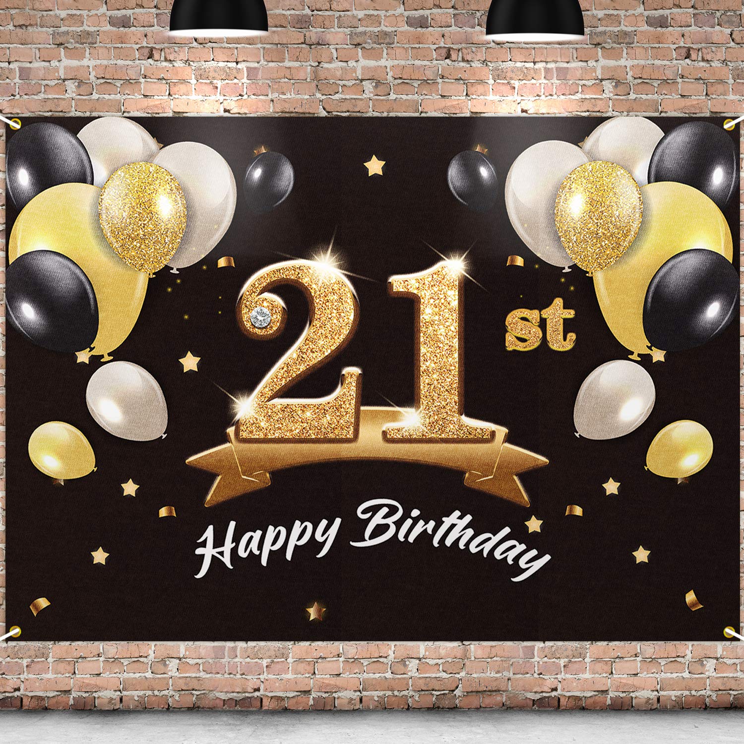 PAKBOOM Happy 21st Birthday Banner Backdrop - 21 Birthday Party Decorations Supplies for Men Him - Black Gold 4 x 6ft