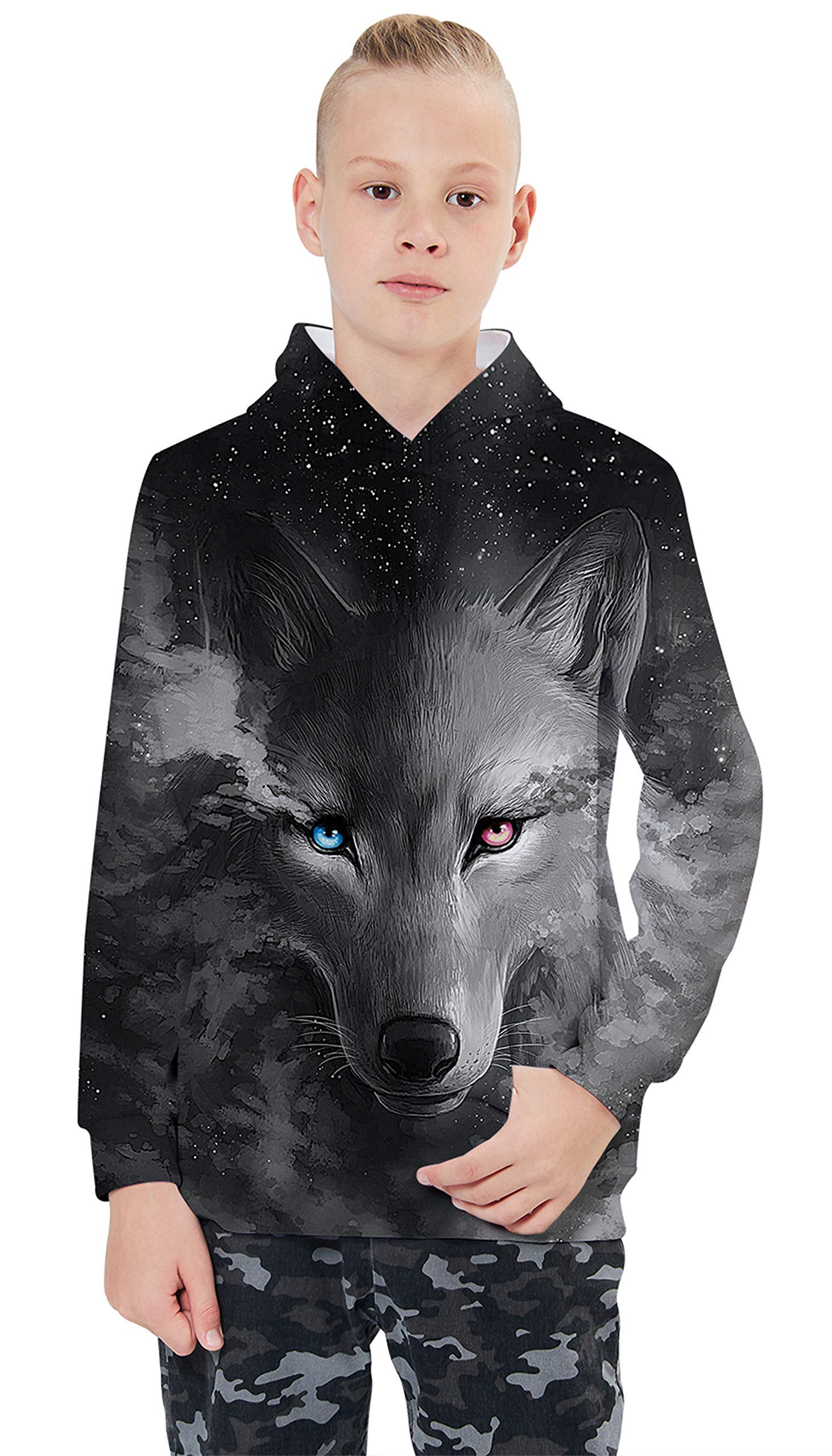 ALISISTER Boys Girls Kids Wolf Hoodie 3D Digital Printed Hooded Pullover Sweatshirt with Pockets Autumn Winter Tshirts M