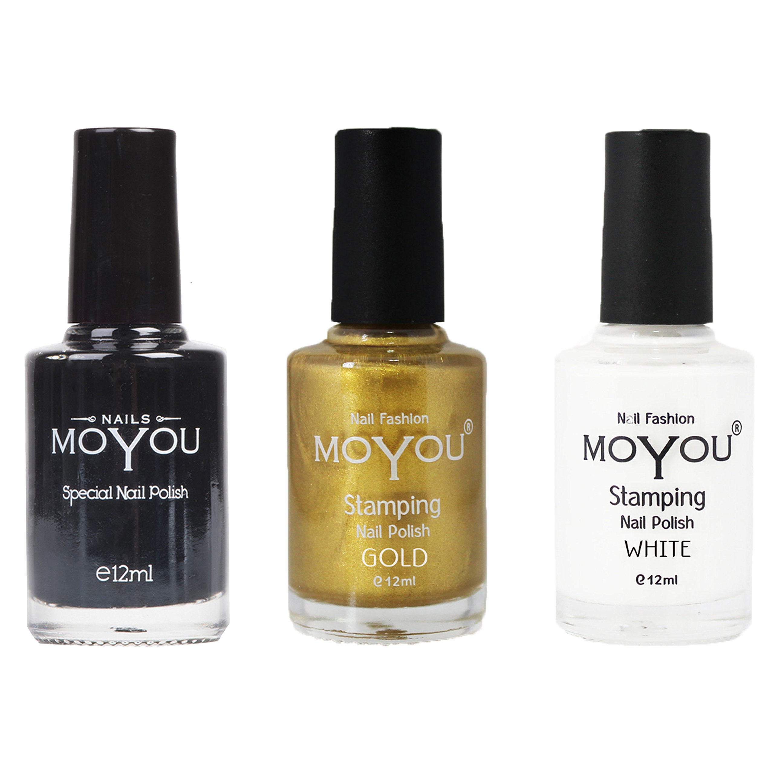MoYou Nails Bundle of 3 Stamping Nail Polish: Black, Gold and White Colours Used to Create Beautiful Nail Art Designs