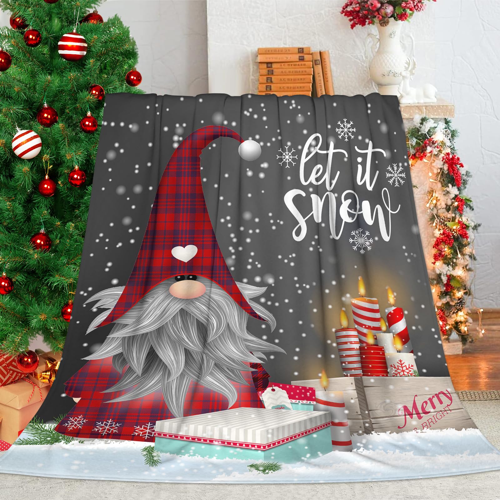 GOOESING Merry Christmas Throw Blanket Gnome Winter Snowflakes Xmas Gifts Soft and Warm Flannel Throw Blanket for Picnic Travel Fuzzy Cozy Blankets for Sofa Couch Bed 40" x 50"(101x127cm)
