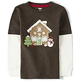 Gymboree Boys and Toddler Fall and Holiday Embroidered Graphic Long Sleeve T-Shirts