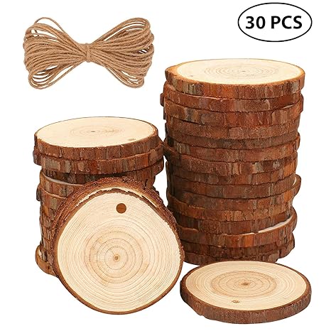 Fuyit Holzscheiben 30 Stücke Holz Log Scheiben 6-7cm und Frei 10 mt Nnatürliche Jute Seil für DIY Handwerk Holz-Scheiben Hoch