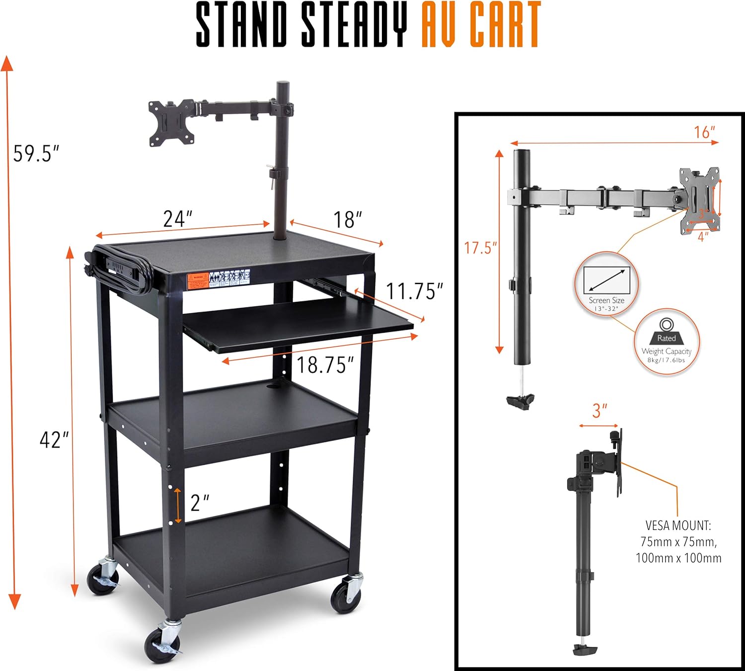 Line Leader AV Cart with Keyboard Tray and Monitor Mount - Mobile Workstation/Presentation Cart with Monitor Arm - Take Your Office On-The-Go with Our Stand Up Computer Cart (Black / 24 x 18) : Office Products