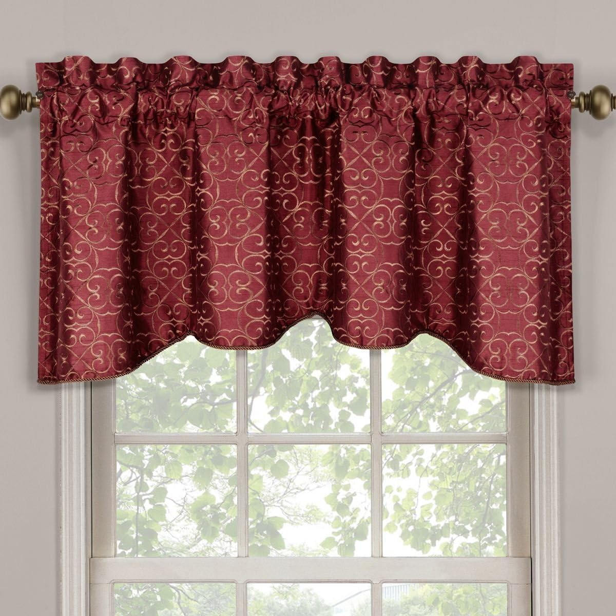 Royal Hotel Halifax Red/Burgundy Valance, Scalloped Decorative Rope Embroidered