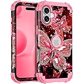 Hekodonk for iPhone 16 Plus Case,Glow in The Dark Three Layer Heavy Duty Shockproof Protection Hard Plastic+Soft Silicone Full Body Drop Protective Case for Apple iPhone 16 Plus,Deep Pink