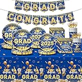 128 Pcs Blue And Gold Graduation Decorations 2025,Graduation Decorations 2025 Deals Set Include Tablecloth , Paper Plates, Cups,Forks, Napkins, Grad Banner Is Suit For Any Grad Party.