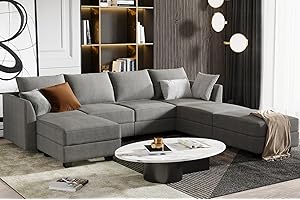 HONBAY Modular Sectional Sofa U Shaped Sectional Couch with Ottomans Reversible Modular Sofa 7 Seater Couch with Storage Seat, Grey