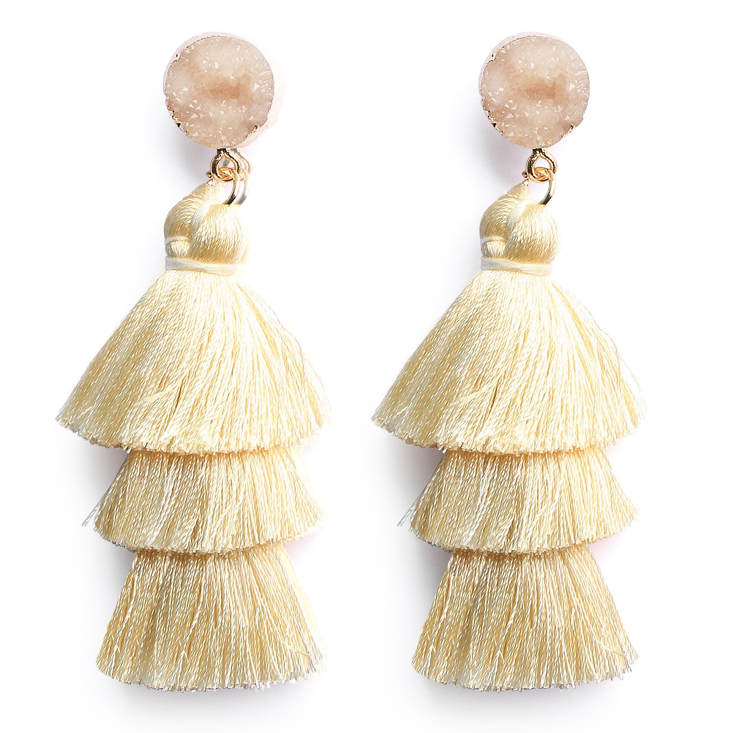 Ivory White Layered Tassel Dangle Drop Earrings for Women Girls Dangly Fringe Bohemian Lightweight Birthday Wedding Bridesmaids Gift Jewelry Cream White Earrings