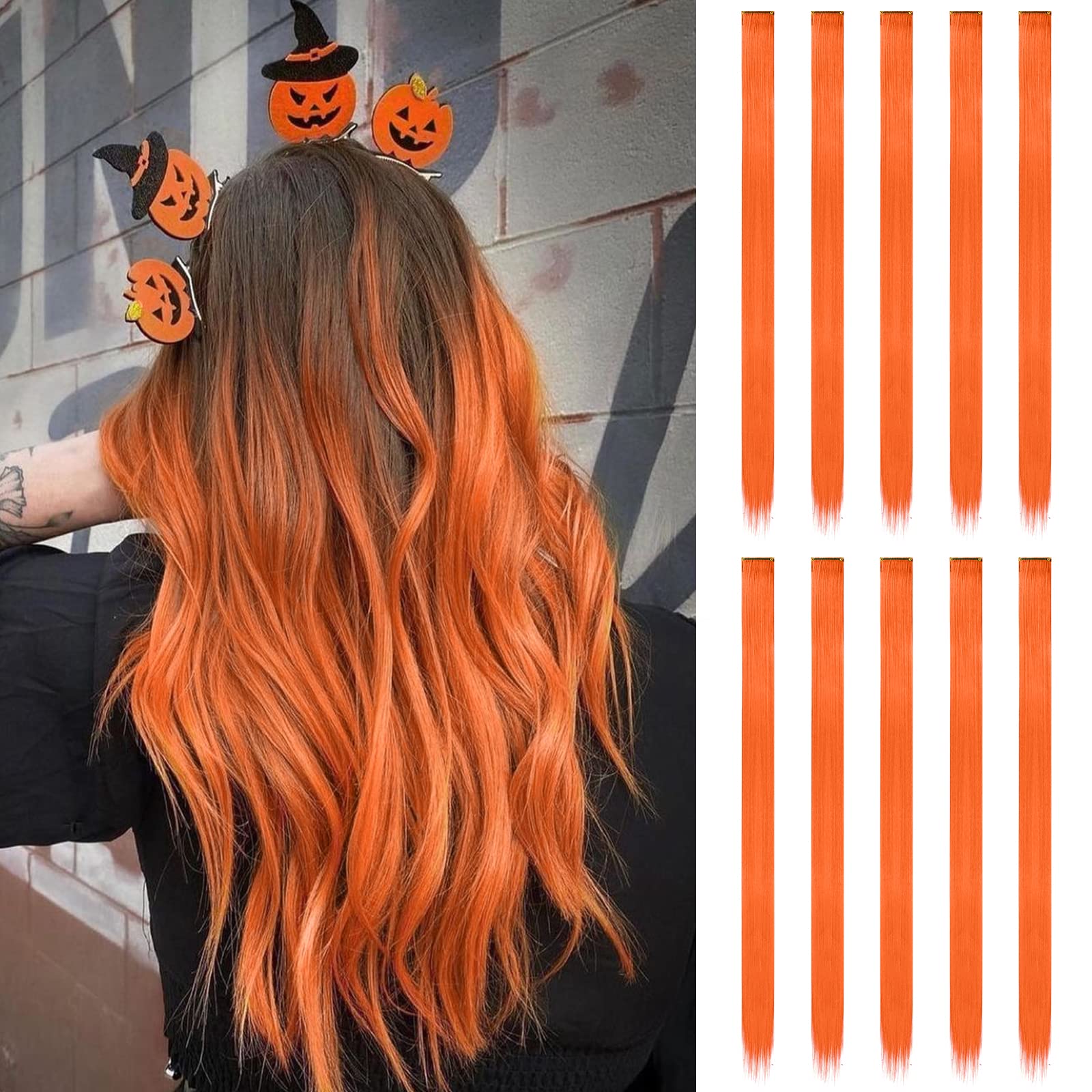 FESHFEN Coloured Clip in Hair Extensions, 10 PCS Orange Hairpiecess for Women Highlight Colourful Straight Pumpkin Colour Clip in Hair Pieces for Women Party, 22 inch โ image 1