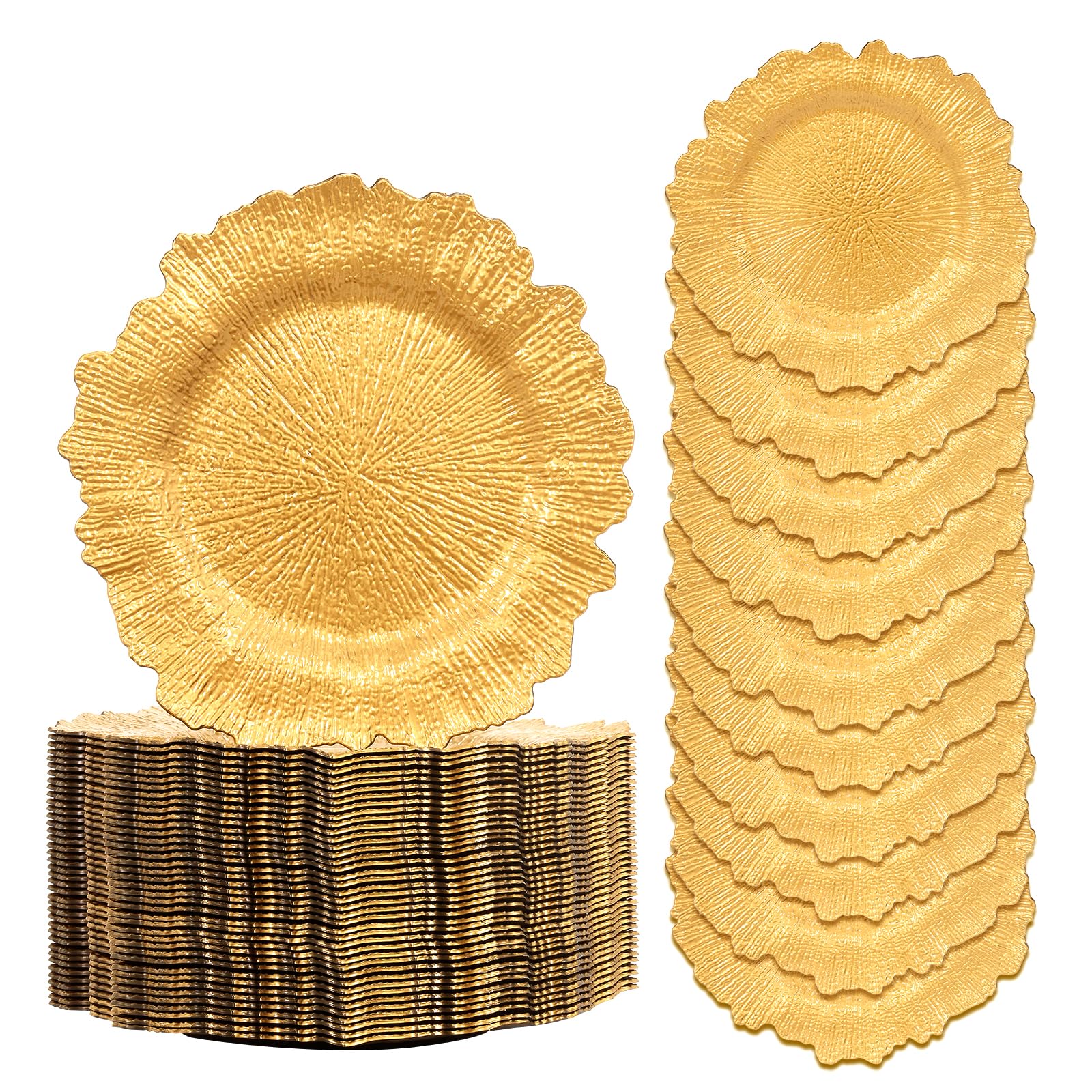 Photo 1 of GenMous Gold Charger Plates for Wedding Party Table Decor, 13 inch Decorative Floral Round Gold Charger,Plastic Metallic Plates Charger for Thanksgiving Christmas Holiday