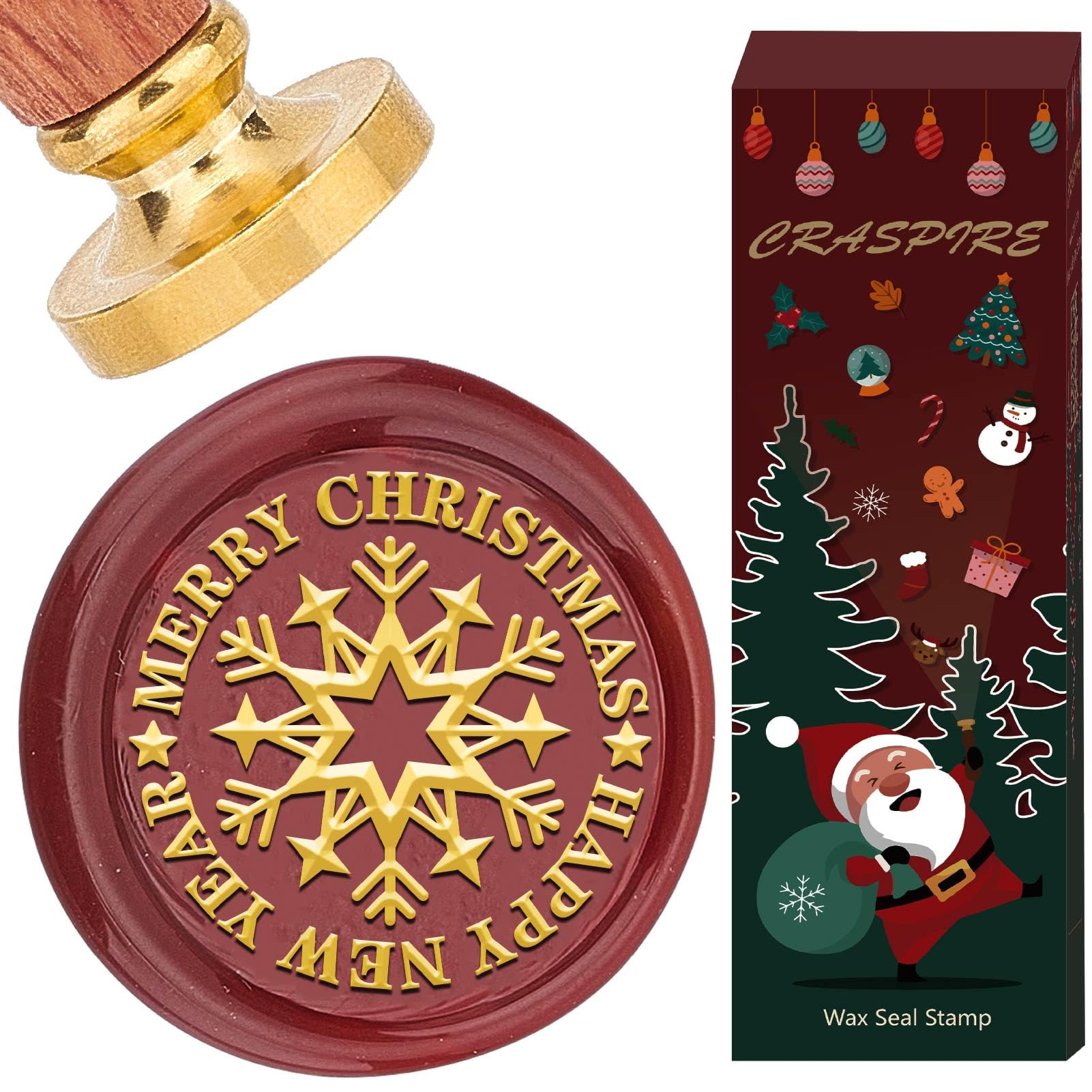 CRASPIRE Merry Christmas Wax Seal Stamp Snowflakes Sealing Wax Stamps 25mm Retro Vintage Removable Brass Stamp Head with Rosewood Handle for Wedding Invitations Halloween Thanksgiving Gift Packing