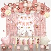 Pink Birthday Party Decorations, Dusty Pink Sand Confetti Rose Gold Balloons Happy Birthday Banner Fringe Curtains Butterfly Hanging Swirls Circle Dots Tassels Pompoms for Women Girls Party Supplies