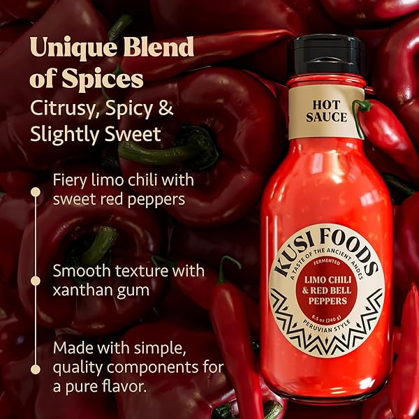 KUSI FOODS ANDEAN HEAT PERUVIAN HOT SAUCE, MADE WITH LIMO CHILI, RED BELL PEPPERS, VINEGAR AND SALT, CITRUSY, SPICY & SLIGHTLY SWEET, FERMENTED 50 DAYS, 8.5 OZ