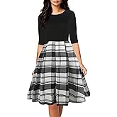 oxiuly Women's Vintage Half Sleeve O-Neck Contrast Casual Pockets Party Swing Dress OX253