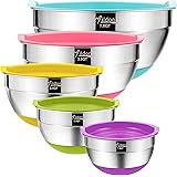 Mixing Bowls with Airtight Lids, Wildone Stainless Steel Nesting Mixing Bowls Set of 5, with Non-Slip Colorful Silicone Botto