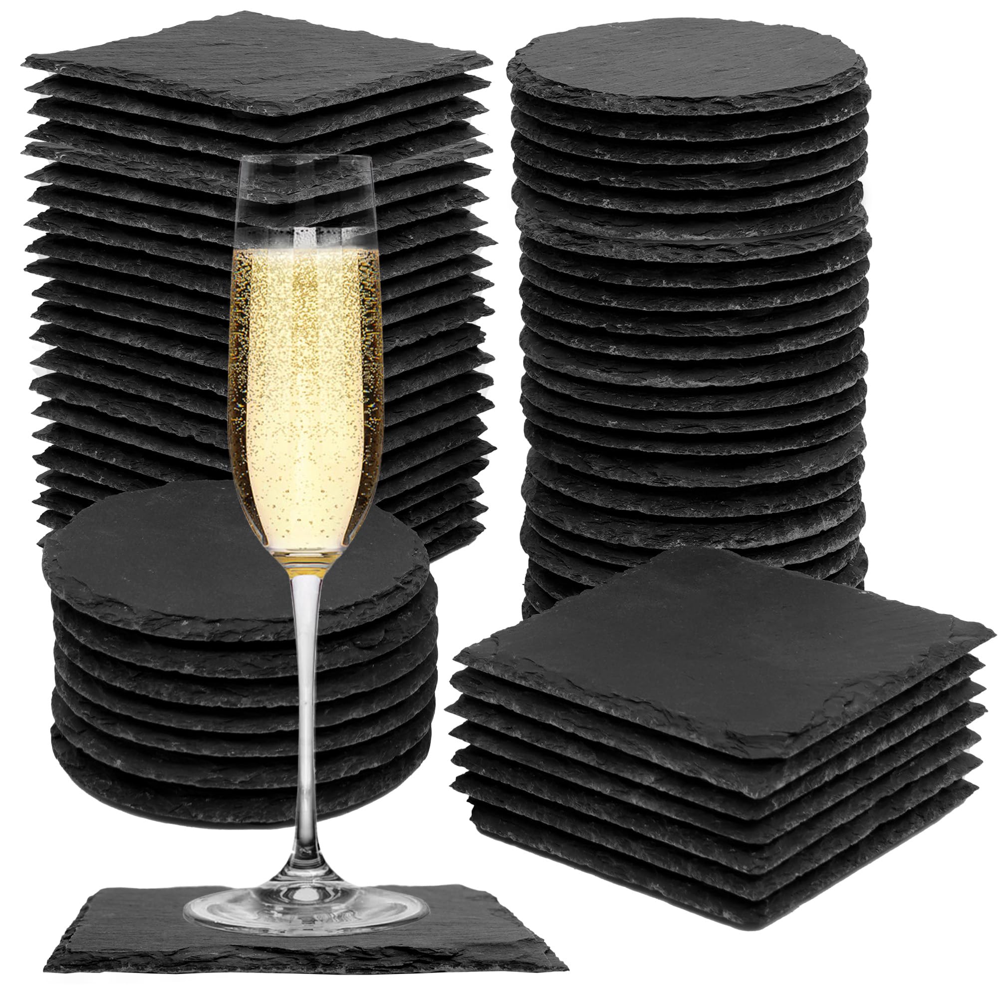 jxgzyy 60 Pcs Slate Coasters for Drinks Engraved Square Slate Coaster Natural Stone Coasters Bulk Rustic Rock Cup Coaster Anti-Scratch Backing for Bar Kitchen Home Apartment Gifts DIY