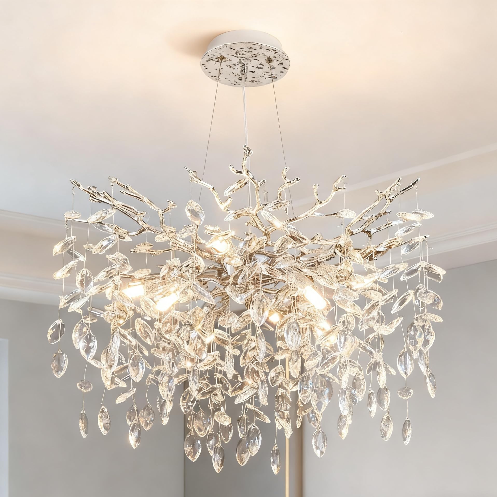 Photo 1 of *** BRANCHES CHANDELIER MISSING *** KVTOEP Modern Crystal Tree Branches Chandelier, 24.5in Silver 8 Lights Large Ceiling Hanging Light for Dining Room, Round Raindrop Pendant Light Fixture