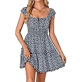 Rooscier Women's Summer Boho Floral Print Square Neck Smocked Tie Front Ruffle Swing Beach Mini Dress