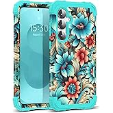 SleekCover for Galaxy S25 5G Case,3 in 1 Oil Painting Flower Pattern Heavy Duty Shockproof Protection Silicone Rubber Bumper+Hard Plastic Protective Cover for Samsung Galaxy S25,Blue Flower