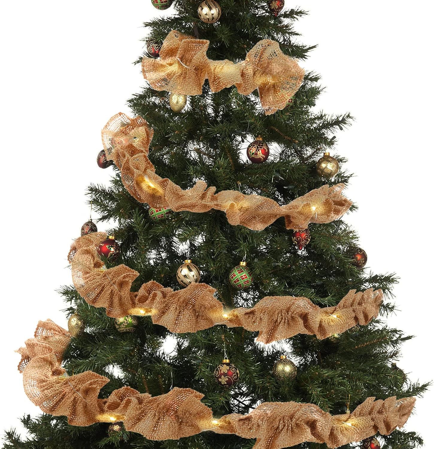 Bows & Ribbons - 2 Pack Christmas Tree Garland with LED Light String Rustic Burlap Ribbon Wedding Handmade Ribbons Decorative Wrapping Ribbons for Holiday Crafts DIY Christmas Tree Ribbon Decor, 9 Feet (2.75 Inch)