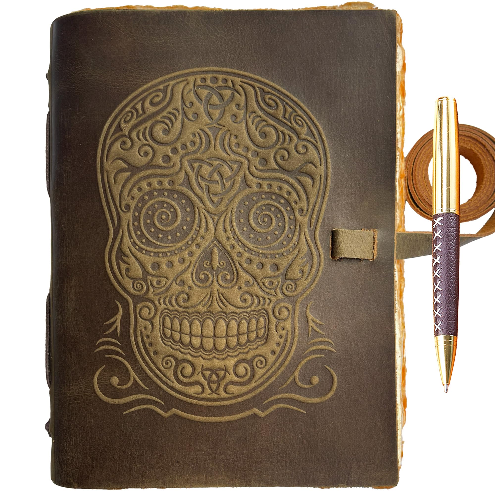 Sugar Skull Handmade Leather Bound Journal with Tree-Free Deckle Edge Paper - Perfect for Writing, A5 Day of the Dead Shadows Antique Journal, Grimoire 8” x 6” Vintage Leather Sketchbook