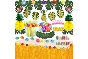JOPHMO Tropical Luau Party Decoration Pack Hawaiian Beach Theme Party Favors Luau Party Supplies (112 PCS) including Banner, Table Skirt, Straws, Flamingo, Pineapple Décors.