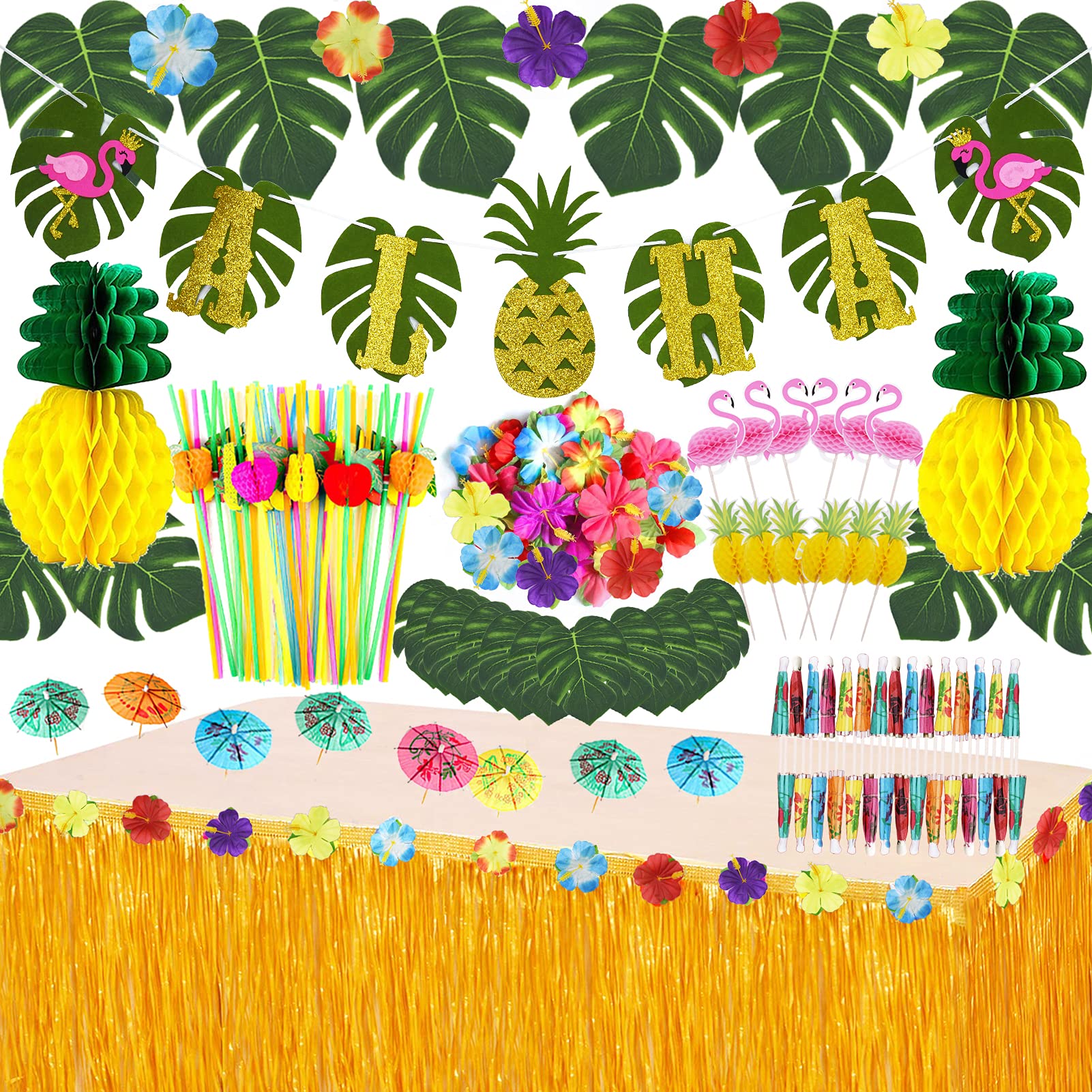 Photo 1 of JOPHMO Tropical Luau Party Decoration Pack Hawaiian Beach Theme Party Favors Luau Party Supplies (112 PCS) including Banner, Table Skirt, Straws, Flamingo, Pineapple Décors.