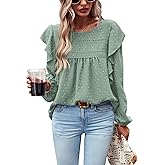 PRETTYGARDEN Women's Long Sleeve Shirts Ruffle Swiss Dot Crochet Loose Fit Tunic Dressy Casual Tops Blouses Spring Fashion