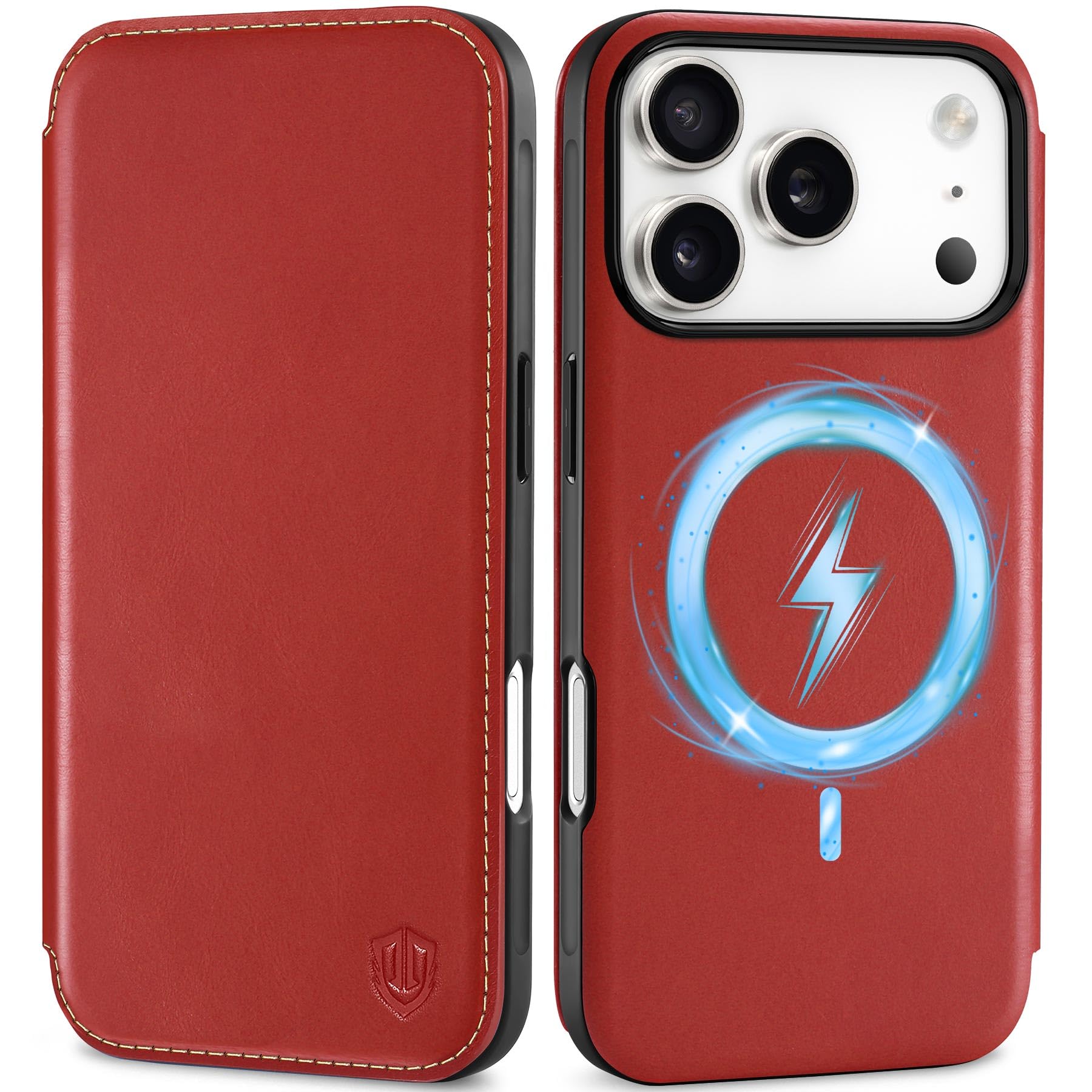 Photo 1 of SHIELDON Slim Genuine Leather Case Wallet for iPhone 17 Pro 6.3-inch 2025 | Folio | Wireless Charging | Magnetic | RFID Blocking Credit Card Slot | Shock-Absorbent Phone Holder Cover | Retro Red