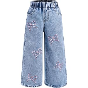 Ecolala Girls Wide Leg Jeans High Waisted Bow Embroidered Y2k Denim Pants Cute Baggy Trousers with Pockets