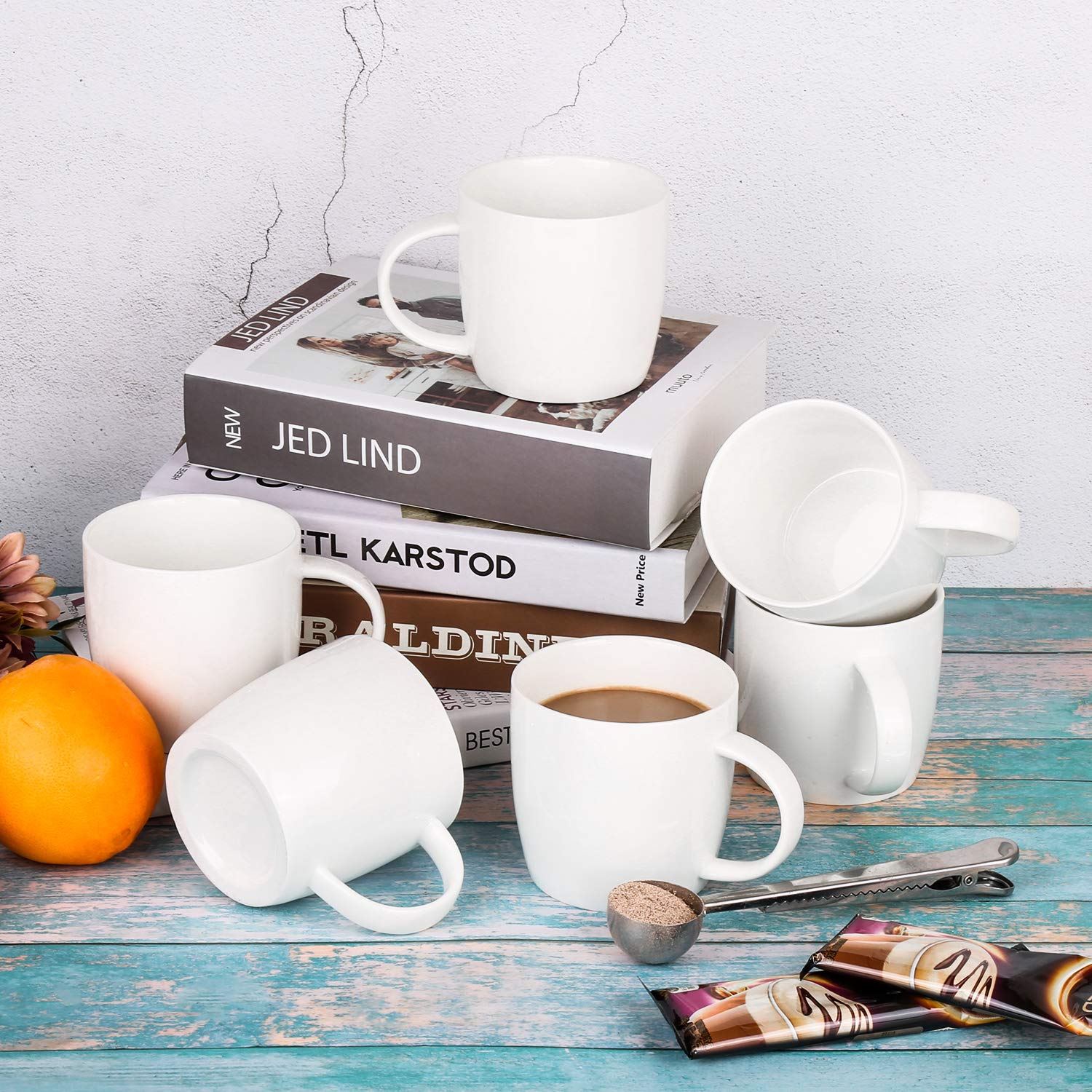 Alt-GT Porcelain Mugs for Coffee, Tea, Cocoa, Latte,Ceramic Mulled Drinks Restaurant Mug Set, Set of 6 (White-10oz)