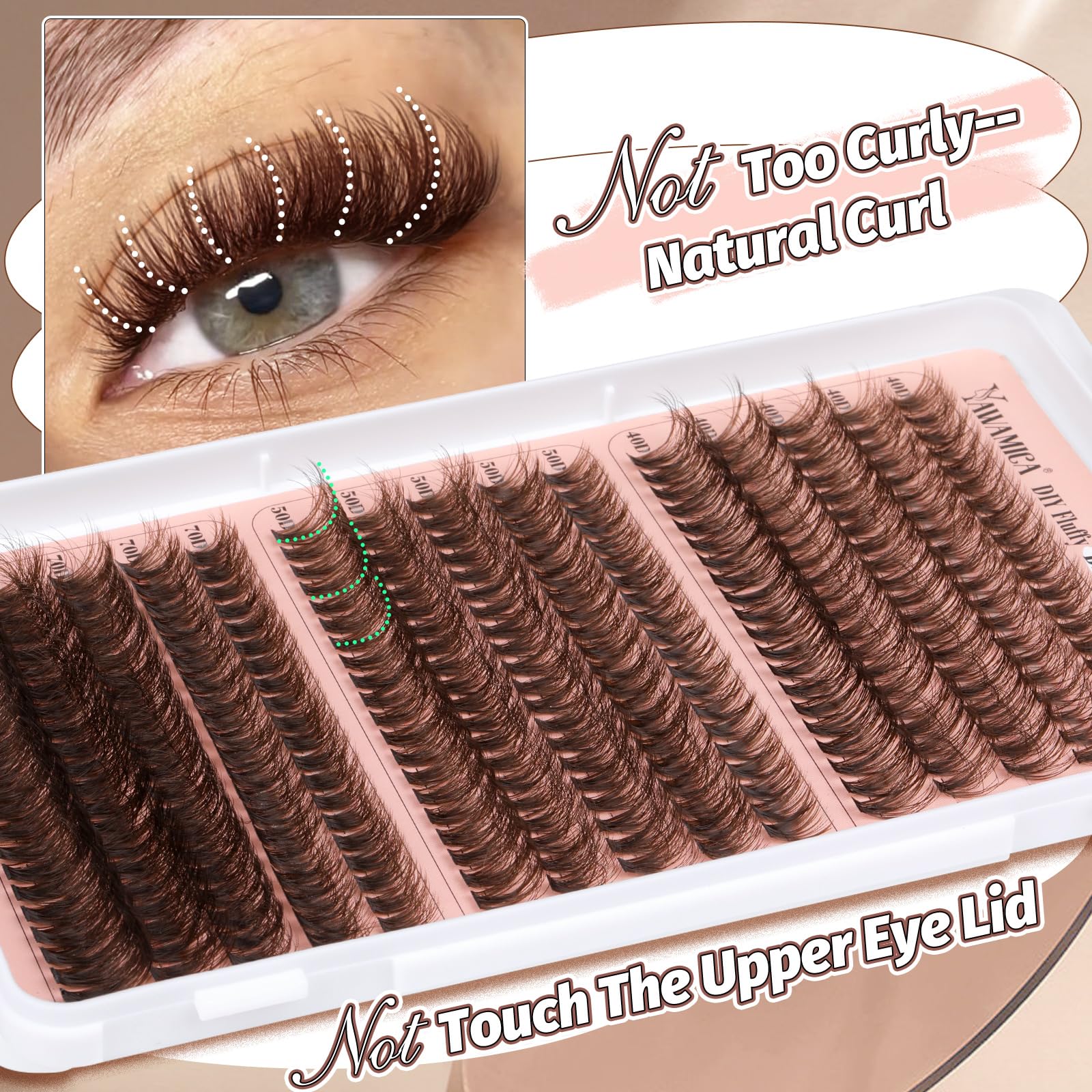 Yawamica Brown Lash Clusters Fluffier Eyelash Extension 10-16mm Individual Lashes D Curly Eyelash Clusters 40D+50D+70D Volume 300pcs Cluster Lashes Pestañas Pelo a Pelo DIY Lash Extension at Home