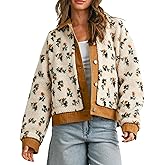 Meyhad Women's Floral Sherpa Jacket Open Front Denim Collar Fleece Jackets Oversized Outerwear with Pockets